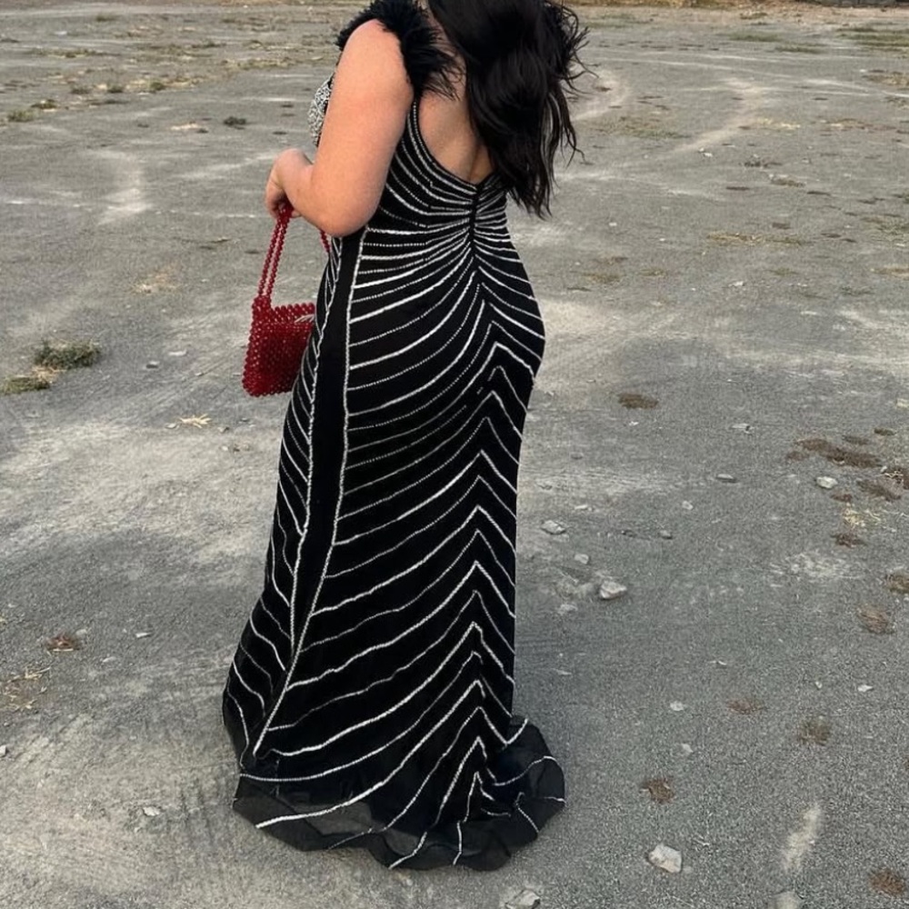 Black and White Striped Evening Gown